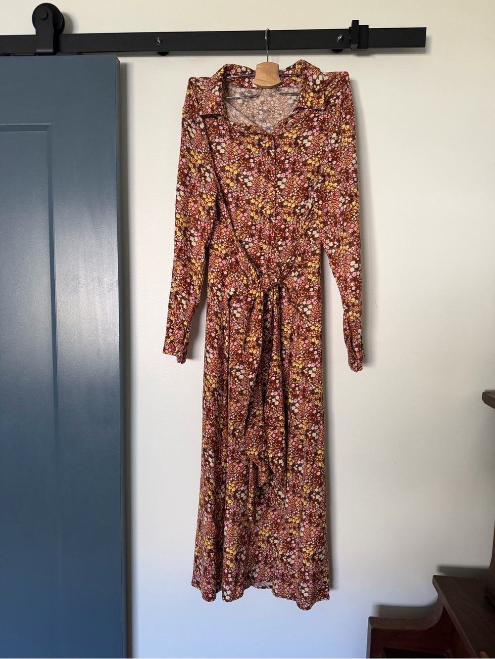 All in Favor Rust Floral Long-Sleeve Tie-Waist Maxi Dress